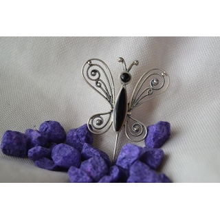 Alfiler mariposa en Plata y Azabache doble ala - Imagen 1
