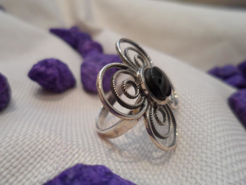 Anillo Plata y Azabache colección Diana, trebol de cuatro hojas doble filigrana - Imagen 2